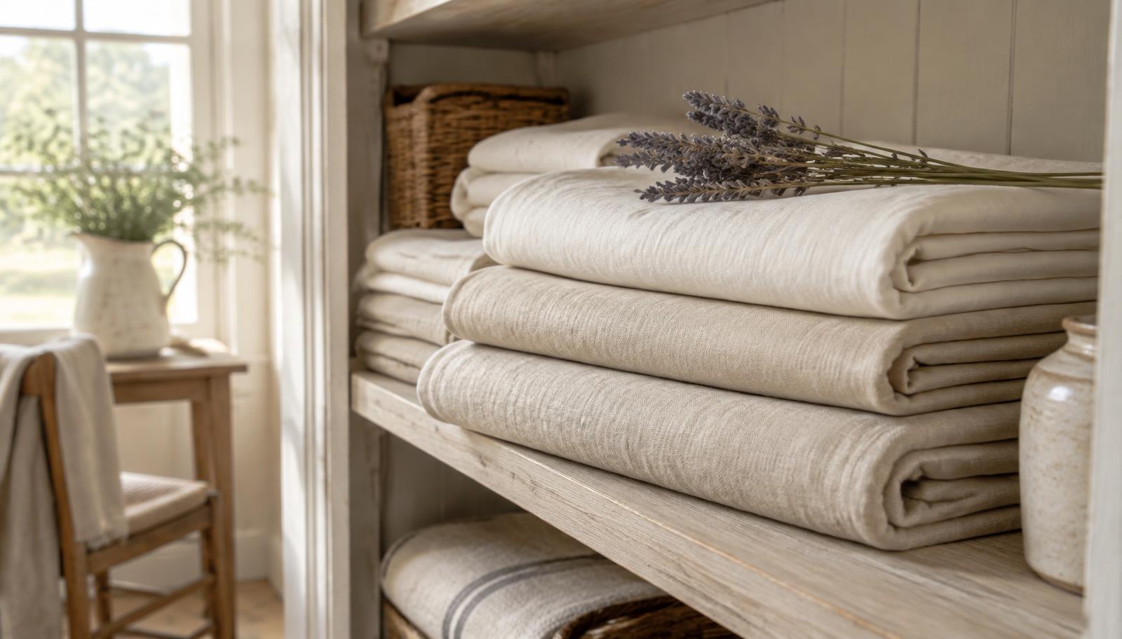 Folded ivory linens stacked on a pale wooden shelf